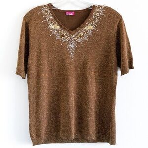Vintage 90s Marco Polo beaded bronze shiny metallic lures top party NYE blouse S